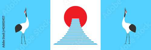 日の出と富士山と鶴のシンプルなデザインのおめでたいイラスト　
Mt fuji with sun and cranes