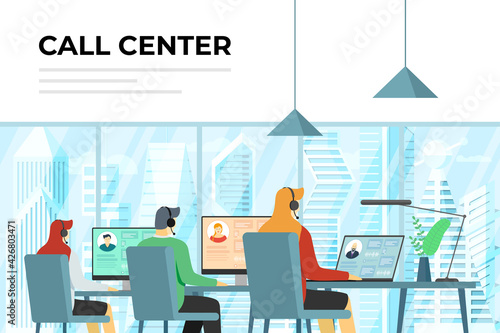 Call center operators in office. Hotline workers with headsets at work. Online customer support department staff, telemarketing, consultation and assistance centre helpline team eps illustration