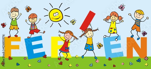 Happy kids and text holidays. Romping children. Vector icon. Funny illustration. German language.