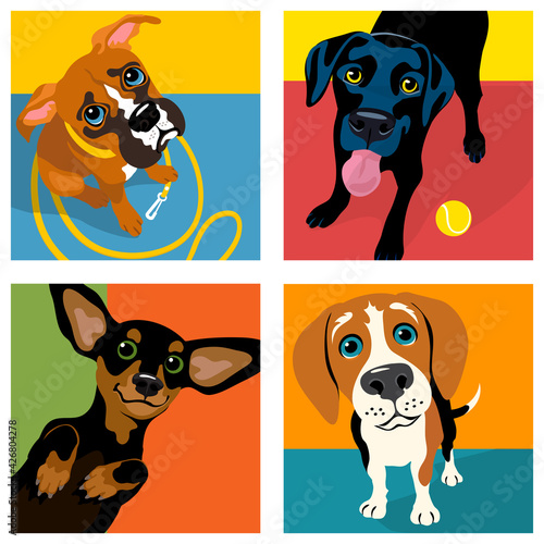 Cartoon caricatures of 4 dog breeds. Boxer, Black Labrador, Dachshund and Beagle. For posters, cards, banners, t-shirts, social media. Vector Illustration.