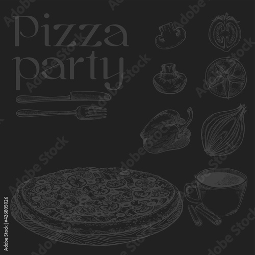 Vector drawing, pizza, table, organic food ingredients. Hand drawn pizza illustration. Great for menu, poster or label.