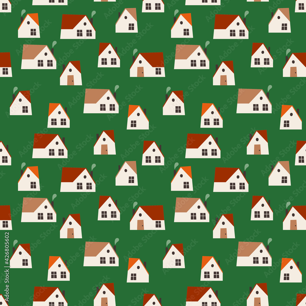 Seamless vector pattern with cute country houses. Vector cottages with ...