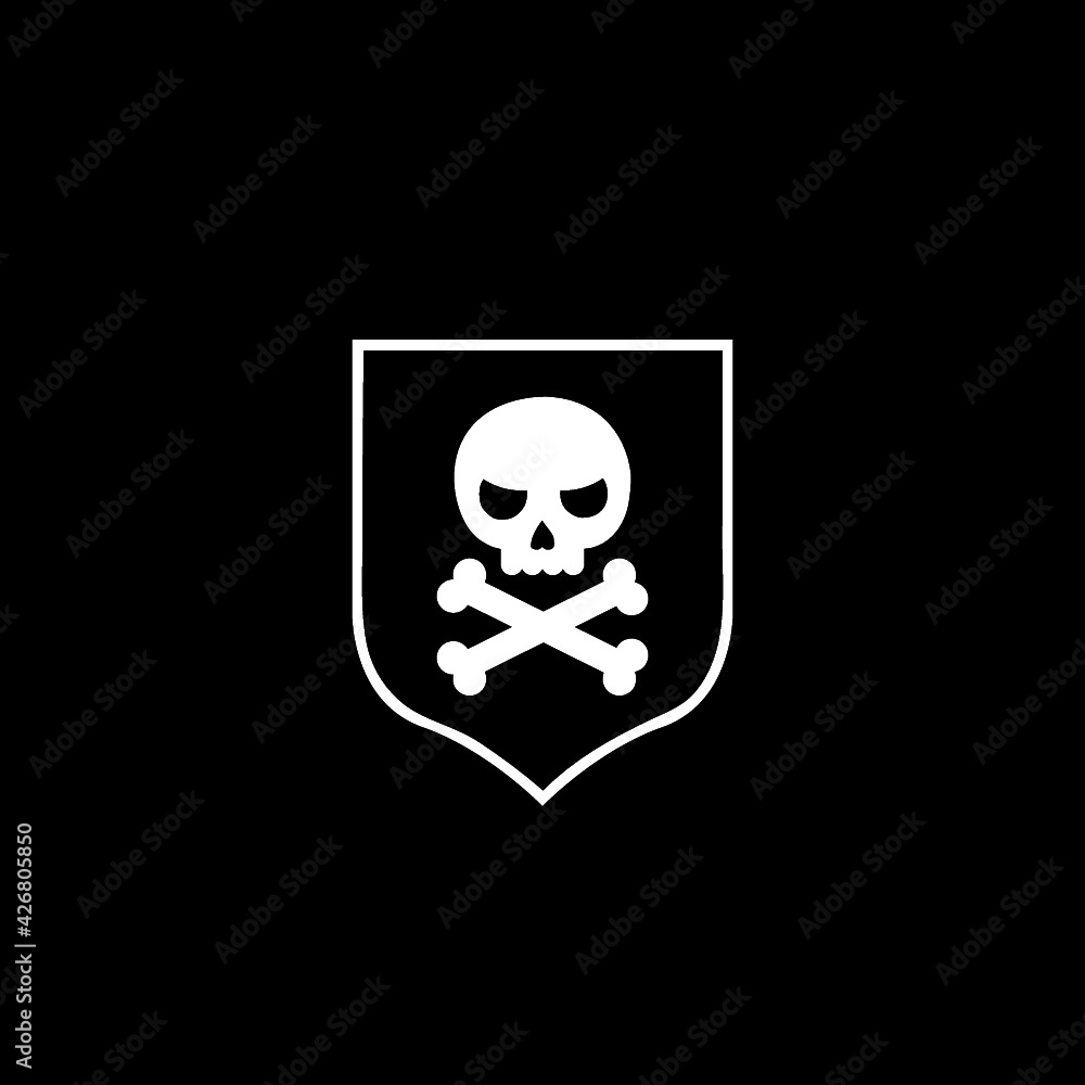Shield with dangerous skull icon isolated on dark background