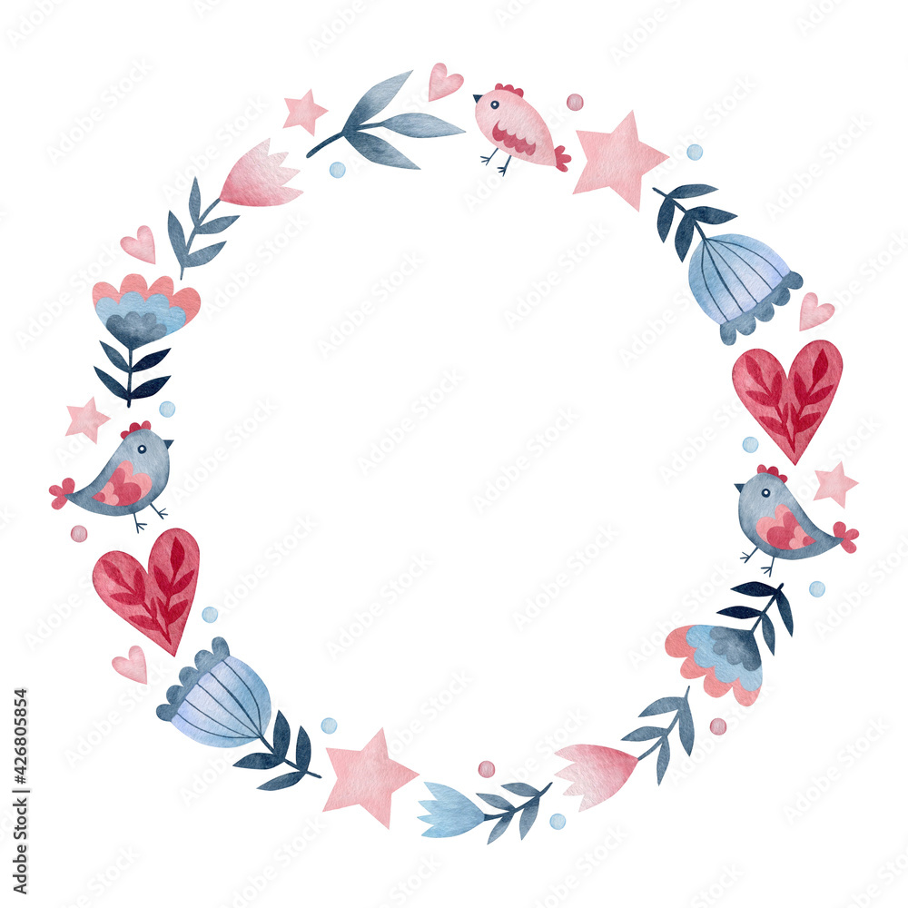 Watercolor floral wreath isolated on white background in folk art.