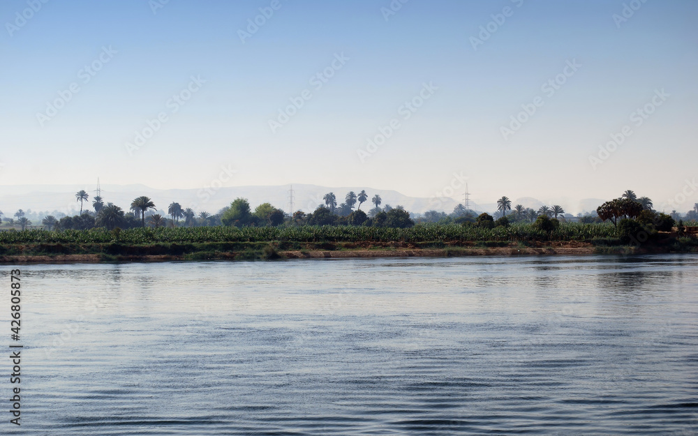 Cruising on Nile River. Nile river shore, southern Egypt. Africa