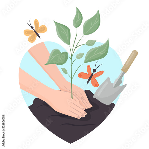 Human palms cover the ground with a young plant shoot. Concepts: concern for the environment, opposition to deforestation, planting plants. Vector illustration in a flat style.