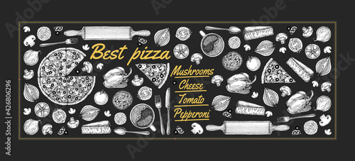 Drawing, pizza, table, organic food ingredients. Hand drawn pizza illustration. Great for menu, poster or label.