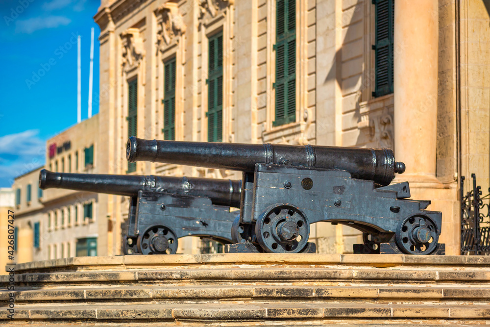 Cannons under the walls of the city of Valletta, the capital of Malta