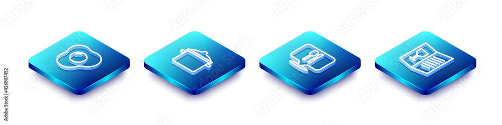 Set Isometric line Scrambled eggs, Cooking pot, Cafe and restaurant location and Restaurant cafe menu icon. Vector Set Isometric line Scrambled eggs, Cooking pot, Cafe and restaurant location and Restaurant cafe menu icon. Vector
