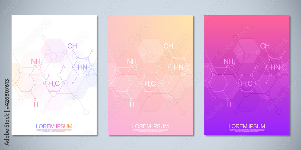 Template brochures or cover book, page layout, flyer design with abstract background of chemical formulas and molecular structures. Science and innovation technology concept