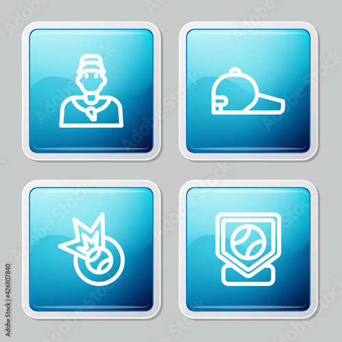Set line Baseball coach, cap, and base icon. Vector