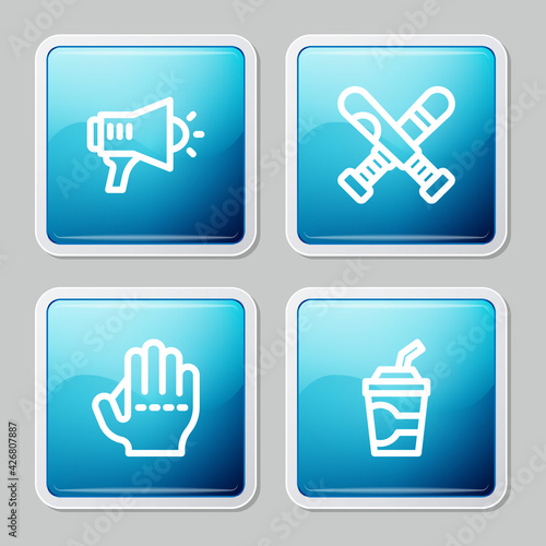 Set line Megaphone, Crossed baseball bat, Baseball glove and Paper glass with water icon. Vector