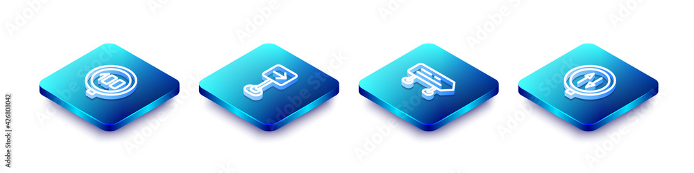 Set Isometric line Speed limit traffic, Traffic sign turn right, Road and warning two way icon. Vector Set Isometric line Speed limit traffic, Traffic sign turn right, Road and warning two way icon. Vector