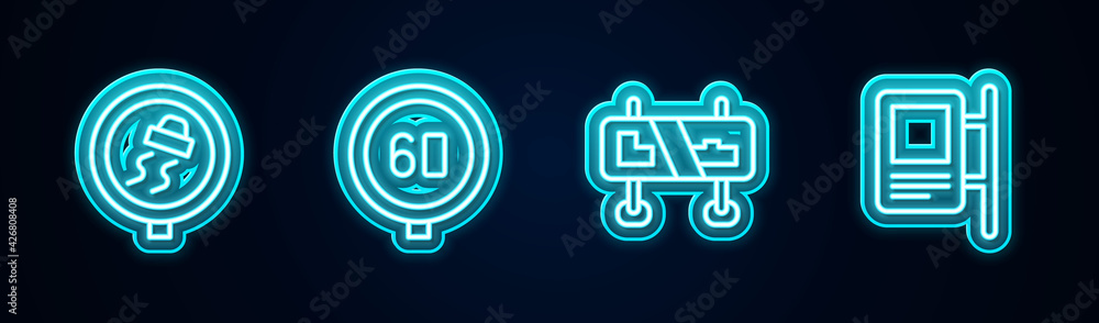 Set line Slippery road traffic, Speed limit, Road sign and . Glowing neon icon. Vector Set line Slippery road traffic, Speed limit, Road sign and . Glowing neon icon. Vector
