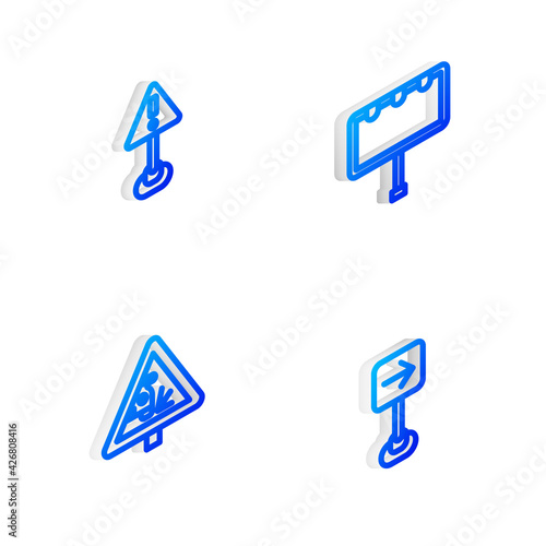 Set Isometric line Billboard with lights, Exclamation mark in triangle, Warning road sign and Traffic turn right icon. Vector