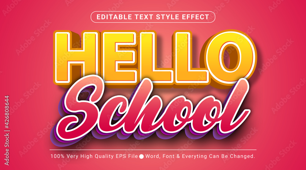 Hello School text, Cartoon style editable text effect