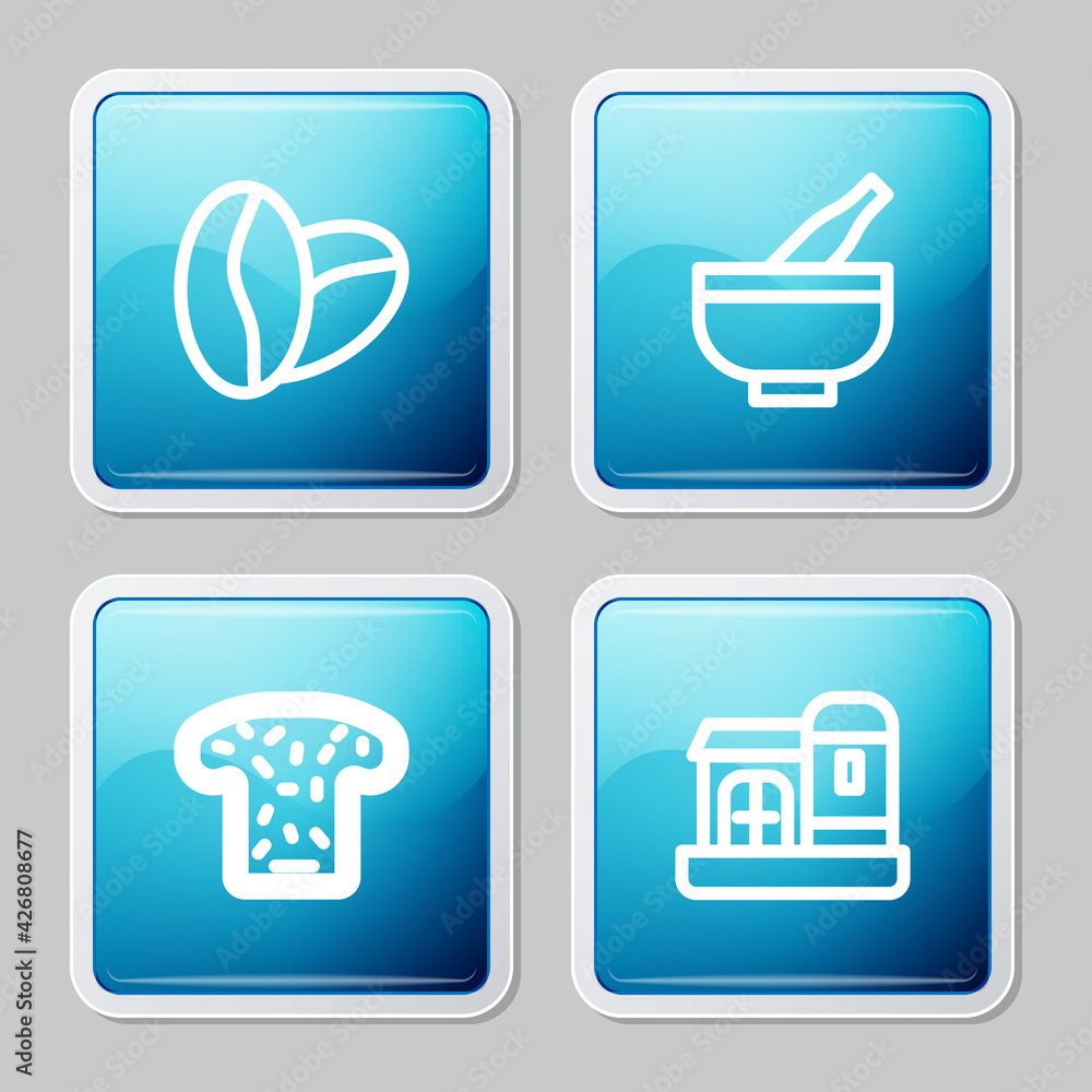 Set line Coffee beans, Mortar and pestle, Bread toast and Farm house icon. Vector Set line Coffee beans, Mortar and pestle, Bread toast and Farm house icon. Vector