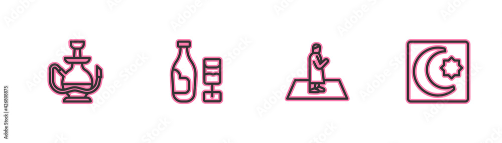 Set line Hookah, Muslim man prays, Wine bottle with glass and Star and crescent icon. Vector Set line Hookah, Muslim man prays, Wine bottle with glass and Star and crescent icon. Vector