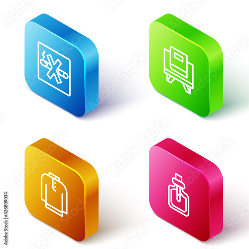 Set Isometric line No Smoking, Holy book of Koran, Shirt kurta and Perfume icon. Vector