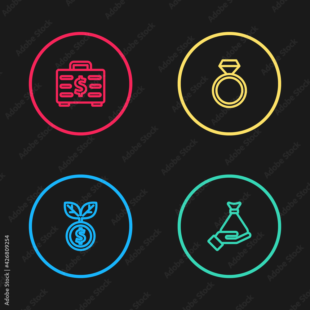 Set line Dollar plant, Money in hand, Diamond engagement ring and Briefcase money icon. Vector Set line Dollar plant, Money in hand, Diamond engagement ring and Briefcase money icon. Vector
