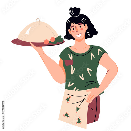 Half-length portrait of smiling waitress holding dish with food under lid, cartoon vector illustration isolated on white background. Catering server or restaurant serving staff female character.