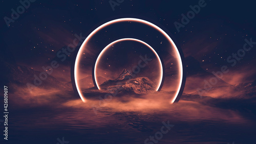 Fototapeta Naklejka Na Ścianę i Meble -  Futuristic fantasy night landscape with abstract landscape and island, moonlight, radiance, moon, neon. Dark natural scene with light reflection in water. Neon space galaxy portal. 3D illustration. 