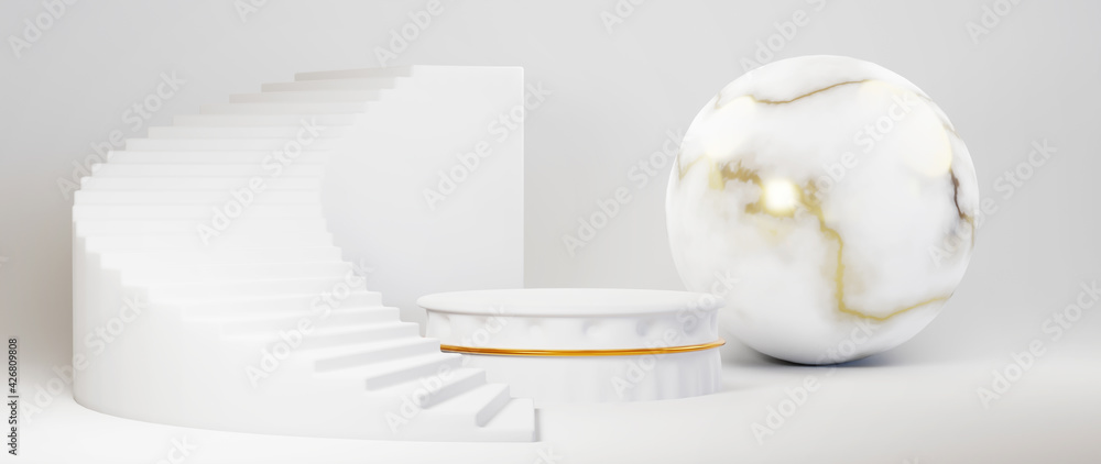 Fototapeta premium Minimal luxury white design Cylinder box podium in white concrete wall background. Display scene stage platform showcase, product, presentation, cosmetic. 3D render