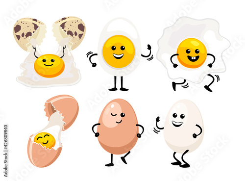 Cute egg faces. Kawaii eggs set. Easter eggs friends with funny face vector set, friendly caricature breakfast egg persons isolated on white background