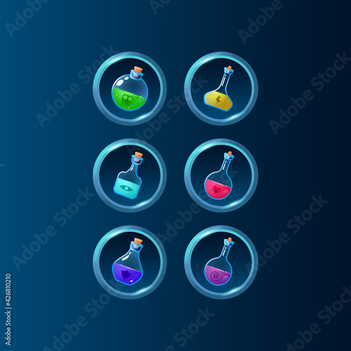 Set of game ui colorful potion bottle magic power up with glossy frame for gui asset elements
