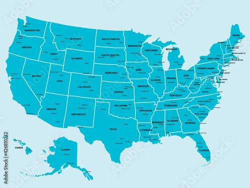 Doodle freehand drawing USA political map with major cities. Vector illustration.