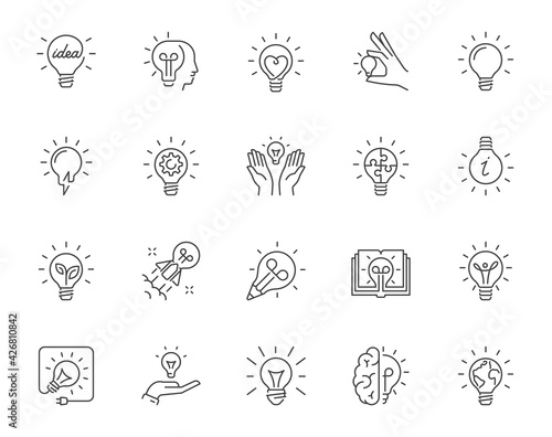 Set of vector outline icons of light bulbs with various symbols of creative thinking