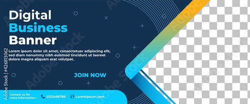Business banner template design. Modern banner design with abstract blue shape and place for the photo. Usable for promotional, presentation, and announcement.