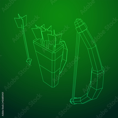 Medieval Bow and arrow archer weapon. Wireframe low poly mesh vector illustration.