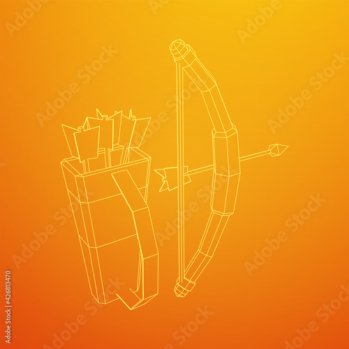 Medieval Bow and arrow archer weapon. Wireframe low poly mesh vector illustration.