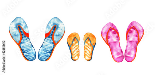 Set of family watercolor flip flops isolated on white