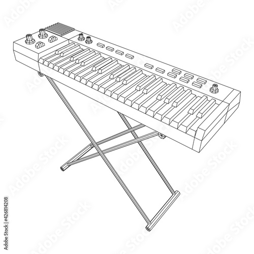 Piano roll analog synthesizer faders buttons knobs. Wireframe low poly mesh vector illustration.