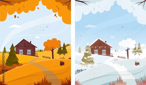 Landscape of two seasons, autumn and winter, one place. House on the hill. Vector graphics.