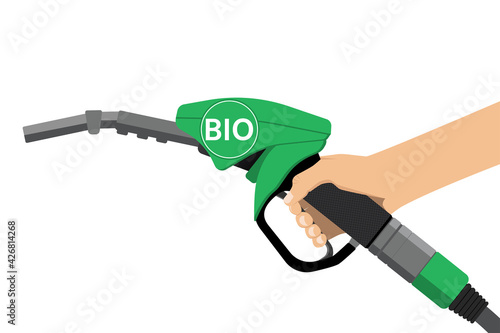 Hand with a fuel nozzle with the inscription BIO. Biofuel concept. Vector illustration
