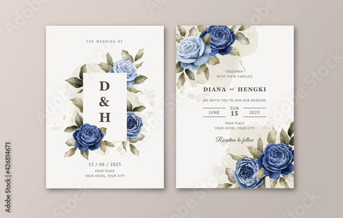Elegant wedding invitation card template with watercolor navy floral and leaves