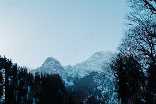 Mountain peak covered by snow as seen from the Solang Valley in Manali, Himachal Pradesh, India 