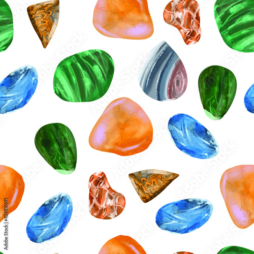 Seamless pattern with different agate isolated on white. Colorful precious stones. Vector illustration for card, textile, fabric, wrapping, wallpaper