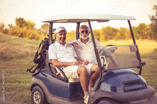 Portrait of seniors golfers in golf car.