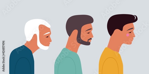 Grandfather, father, son. Cartoon characters showing age progress. Three men generations. Different ages men. Teenager, adult, senior. Aging people.