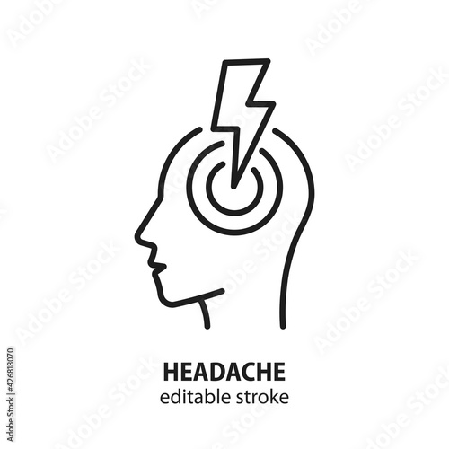 Headache line icon. Vector symbol of stress, migraine, head pain, anxiety. Editable stroke.