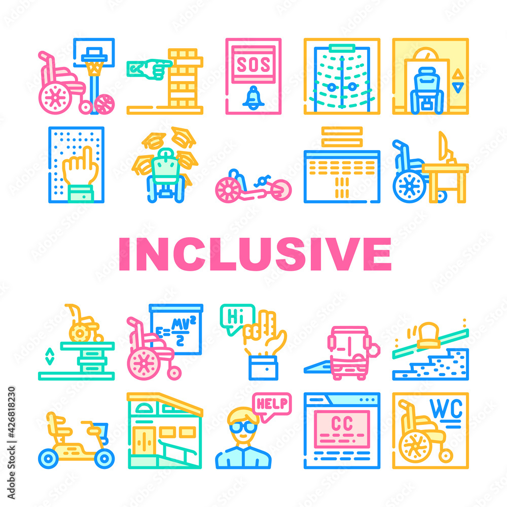 Inclusive Life Tool Collection Icons Set Vector. Graduation And Working Place, SportLife And Communication, Bus And Velomobile Inclusive Life Concept Linear Pictograms. Contour Color Illustrations Inclusive Life Tool Collection Icons Set Vector. Graduation And Working Place, SportLife And Communication, Bus And Velomobile Inclusive Life Concept Linear Pictograms. Contour Color Illustrations