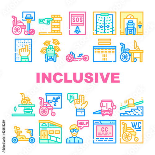 Inclusive Life Tool Collection Icons Set Vector. Graduation And Working Place, SportLife And Communication, Bus And Velomobile Inclusive Life Concept Linear Pictograms. Contour Color Illustrations