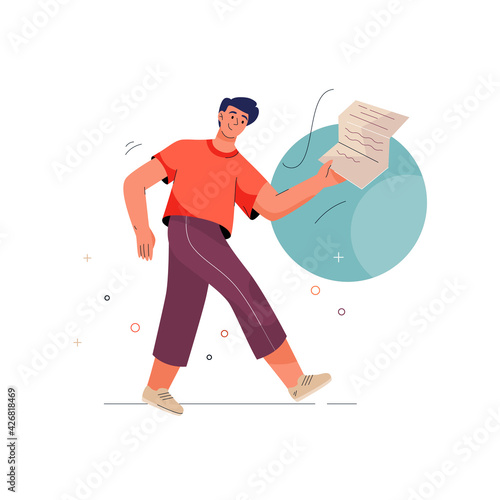 Get more info concept. Man holding paper sheet