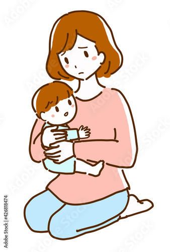 赤ちゃん抱きながら不安そうに考え事をする若い母親の線画イラスト