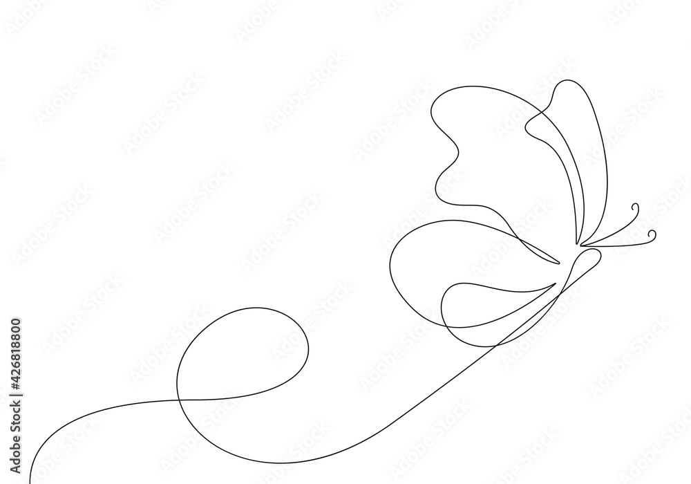 Butterfly Continuous One Line Drawing. Simple Butterfly One Line Drawing. Minimalist Contour Illustration. Vector EPS 10.