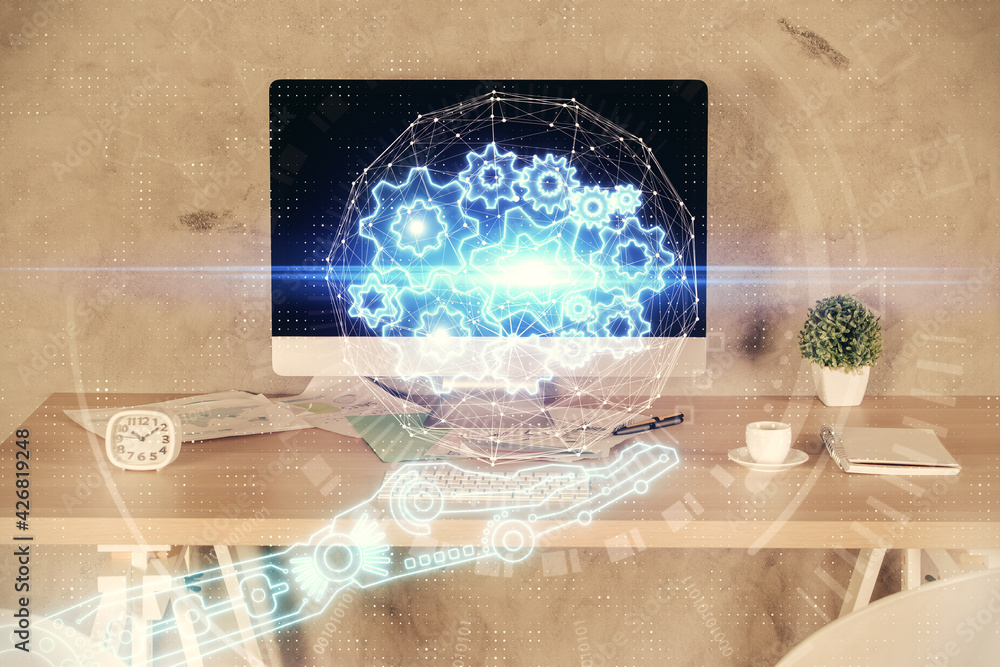Multi exposure of data theme drawing and office interior background. Concept of technology. Multi exposure of data theme drawing and office interior background. Concept of technology.